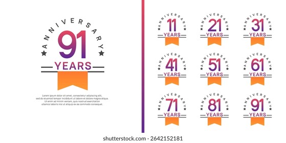set of anniversary logo style with orange ribbon. vector design purple color for celebration