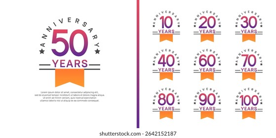 set of anniversary logo style with orange ribbon. vector design purple color for celebration
