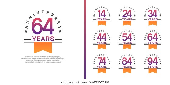 set of anniversary logo style with orange ribbon. vector design purple color for celebration