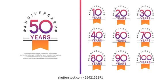 set of anniversary logo style with orange ribbon. vector design purple color for celebration