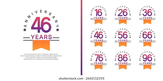 set of anniversary logo style with orange ribbon. vector design purple color for celebration