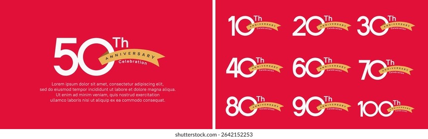 set of anniversary logo style orange ribbon. vector design white color for celebration