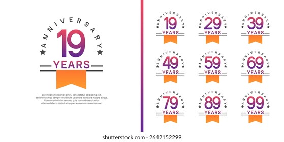 set of anniversary logo style with orange ribbon. vector design purple color for celebration