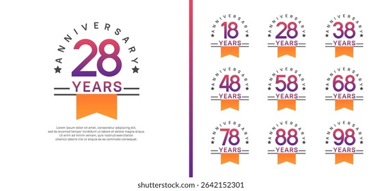 set of anniversary logo style with orange ribbon. vector design purple color for celebration