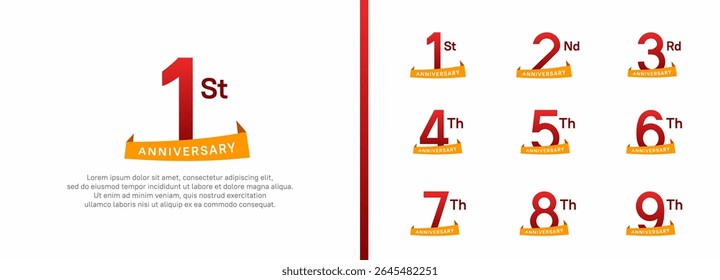 set of anniversary logo style orange ribbon. vector design red color for celebration