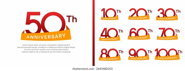 set of anniversary logo style orange ribbon. vector design red color for celebration