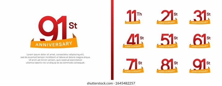 set of anniversary logo style orange ribbon. vector design red color for celebration