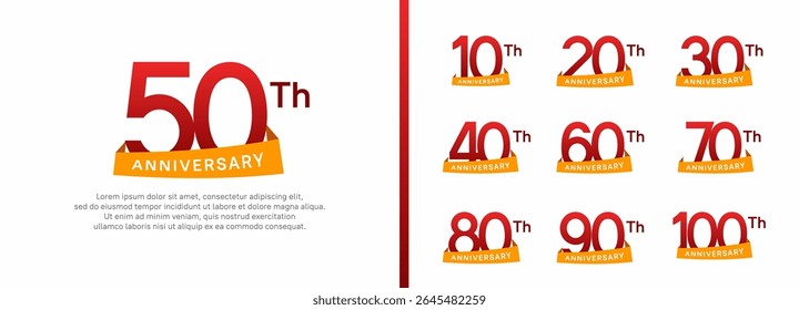 set of anniversary logo style orange ribbon. vector design red color for celebration