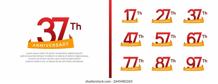 set of anniversary logo style orange ribbon. vector design red color for celebration