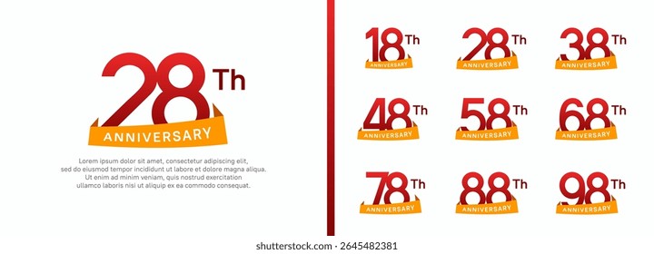 set of anniversary logo style orange ribbon. vector design red color for celebration