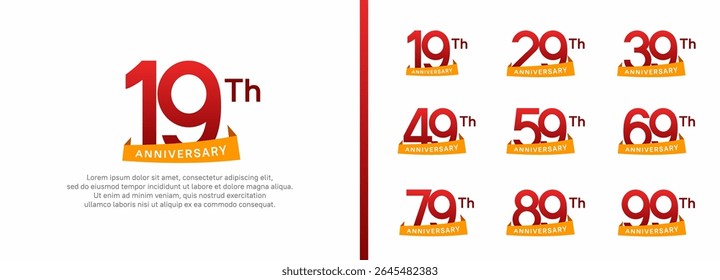 set of anniversary logo style orange ribbon. vector design red color for celebration