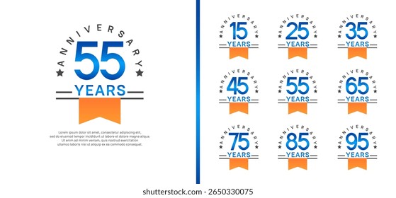 set of anniversary logo style with orange ribbon. vector design blue color for celebration