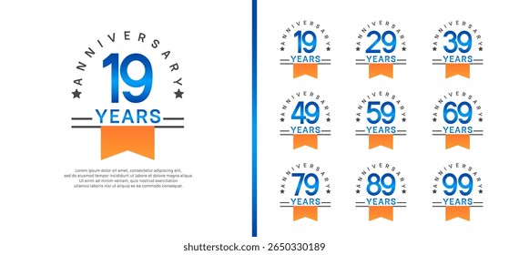 set of anniversary logo style with orange ribbon. vector design blue color for celebration