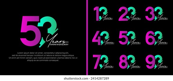 set of anniversary logo style purple and green color on black background for special moment