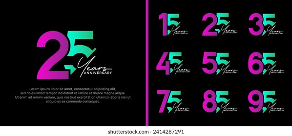 set of anniversary logo style purple and green color on black background for special moment