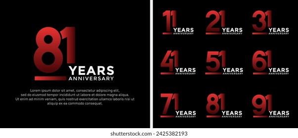 conjunto de estilo de logotipo de aniversario color rojo y blanco sobre fondo negro para la celebración