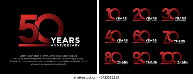 conjunto de estilo de logotipo de aniversario color rojo y blanco sobre fondo negro para la celebración