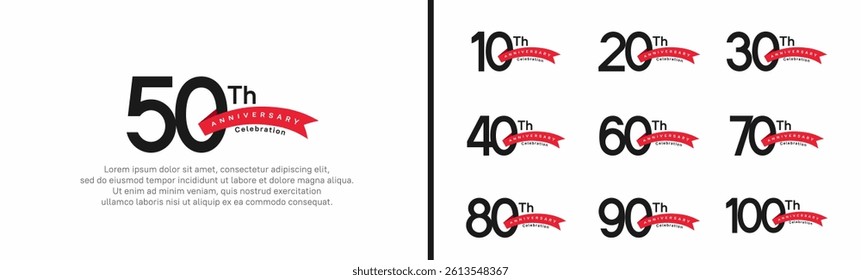 set of anniversary logo style red ribbon. vector design black color for celebration