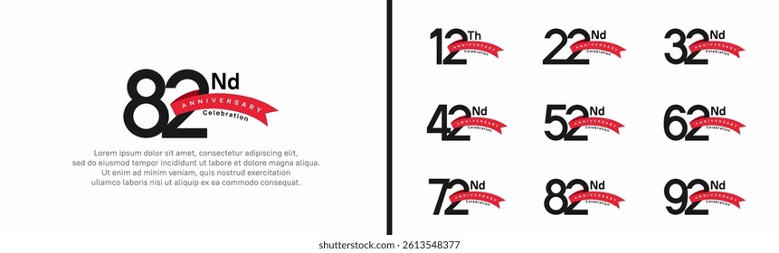set of anniversary logo style red ribbon. vector design black color for celebration