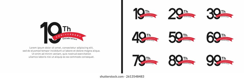 set of anniversary logo style red ribbon. vector design black color for celebration