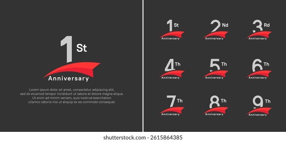 set of anniversary logo style red ribbon. vector design silver color for celebration