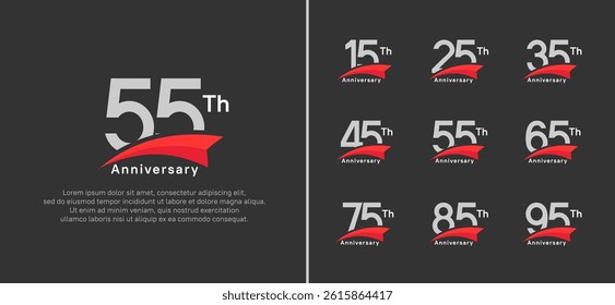 set of anniversary logo style red ribbon. vector design silver color for celebration