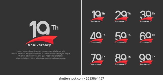 set of anniversary logo style red ribbon. vector design silver color for celebration