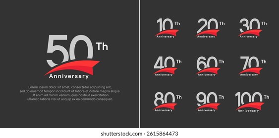 set of anniversary logo style red ribbon. vector design silver color for celebration