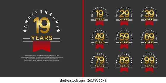 set of anniversary logo style with red ribbon. vector design gold color for celebration