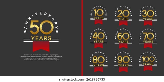 set of anniversary logo style with red ribbon. vector design gold color for celebration