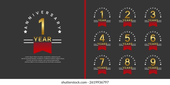 set of anniversary logo style with red ribbon. vector design gold color for celebration