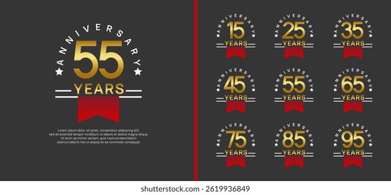set of anniversary logo style with red ribbon. vector design gold color for celebration