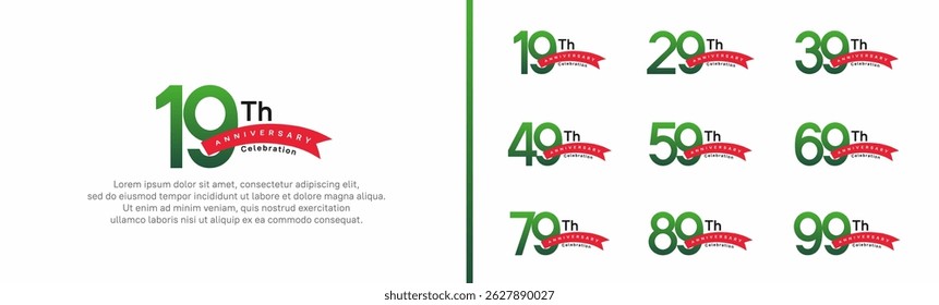 set of anniversary logo style red ribbon. vector design green color for celebration