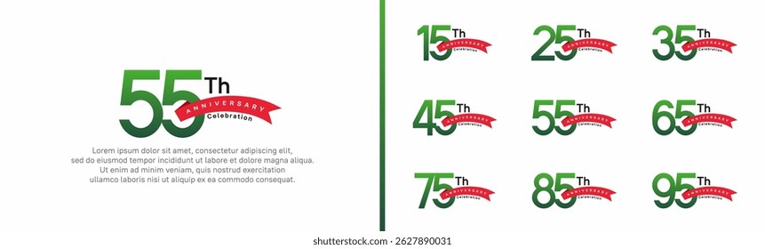 set of anniversary logo style red ribbon. vector design green color for celebration