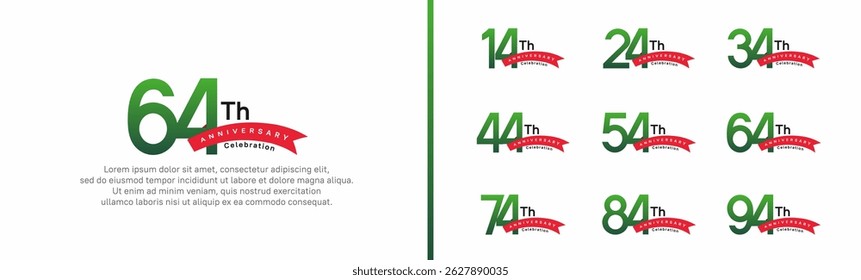 set of anniversary logo style red ribbon. vector design green color for celebration