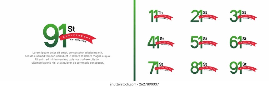 conjunto de aniversário logotipo estilo fita vermelha. vetor design cor verde para celebração