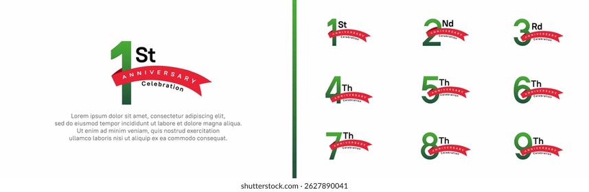 set of anniversary logo style red ribbon. vector design green color for celebration