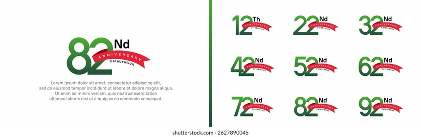 Conjunto de cinta roja de estilo de logotipo de aniversario. Diseño de Vector color verde para la celebración