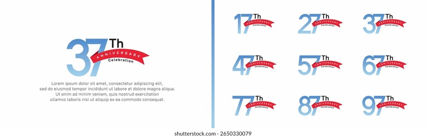 set of anniversary logo style red ribbon. vector design blue color for celebration