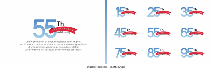 set of anniversary logo style red ribbon. vector design blue color for celebration