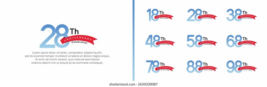 set of anniversary logo style red ribbon. vector design blue color for celebration