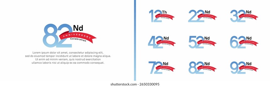 set of anniversary logo style red ribbon. vector design blue color for celebration