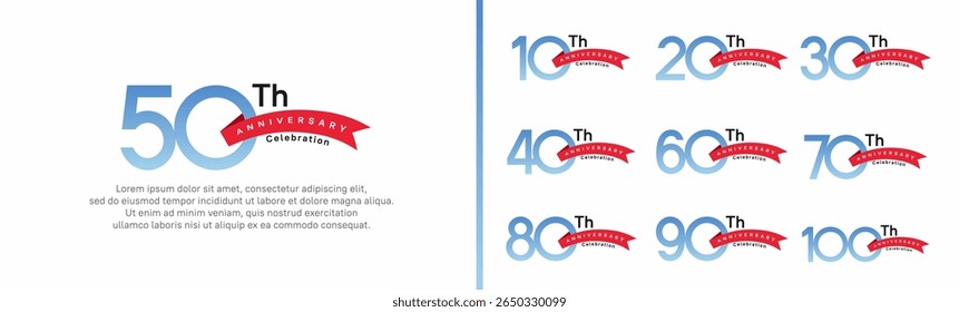 set of anniversary logo style red ribbon. vector design blue color for celebration