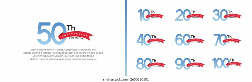 Conjunto de cinta roja de estilo de logotipo de aniversario. color azul de diseño de Vector para la celebración