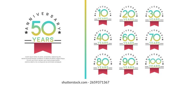 conjunto de estilo logotipo de aniversário com fita vermelha. vetor design cor azul para celebração