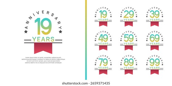set of anniversary logo style with red ribbon. vector design blue color for celebration