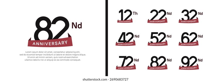 Conjunto de cinta roja de estilo de logotipo de aniversario. Diseño de Vector color negro para la celebración