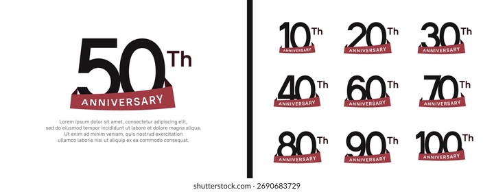conjunto de aniversário logotipo estilo fita vermelha. vetor design cor preta para celebração