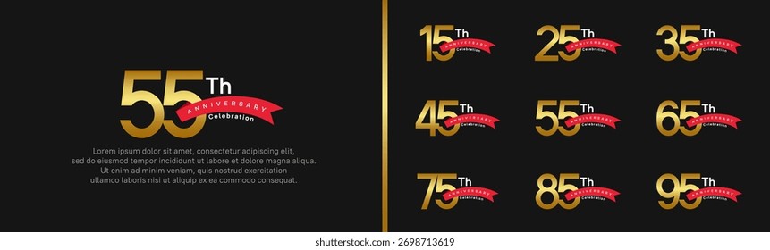 set of anniversary logo style red ribbon. vector design gold color for celebration