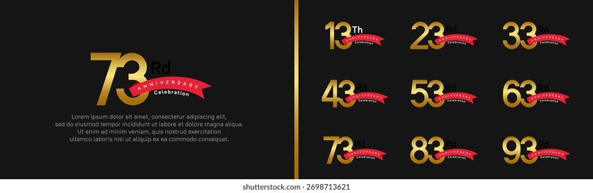set of anniversary logo style red ribbon. vector design gold color for celebration
